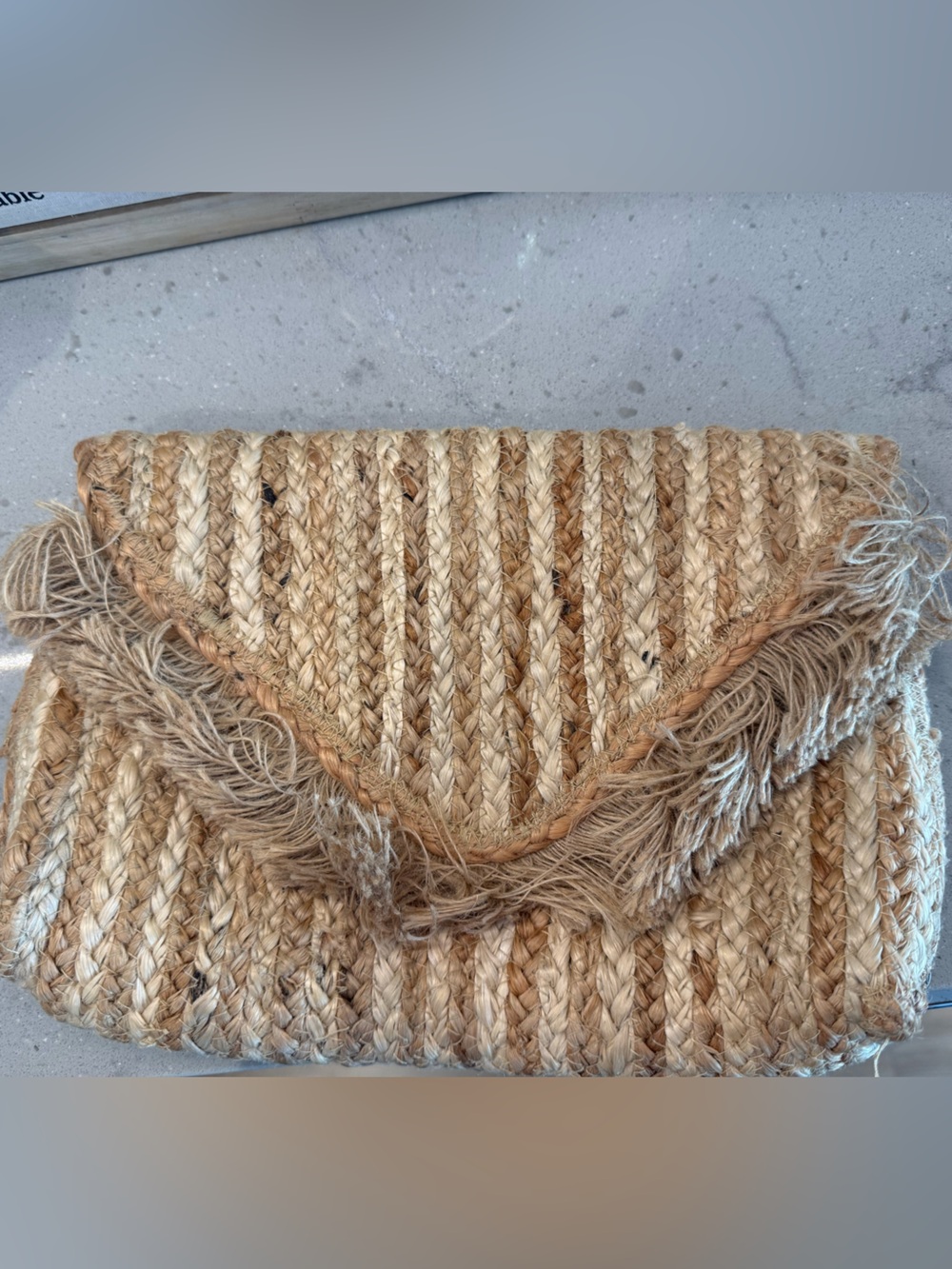 Shiraleah Natural Jute Fringe Clutch in Beige and Tan
